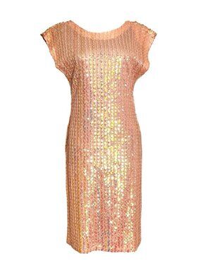 Vtg 1980s Glenrob Peach Pink Sequin Open Back Midi Sheath Curvy Dress USA S/M